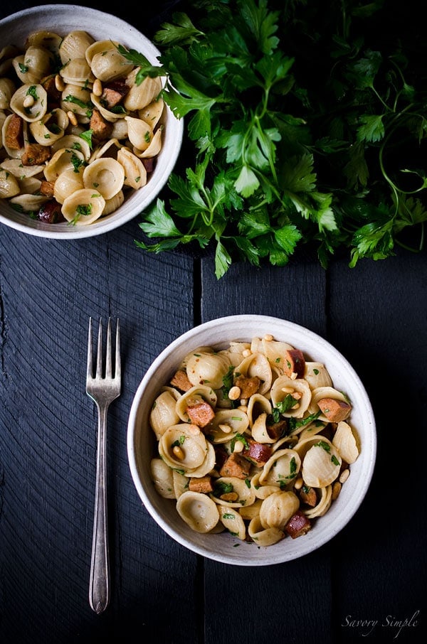 orecchiette with andouille sausage, pine nuts and parsley