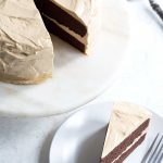 This chocolate peanut butter cake recipe is my new favorite. Two layers of moist, rich chocolate cake are frosted with a fluffy peanut butter meringue buttercream.